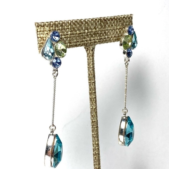 Earrings Dangles Drops Blue Rhinestones Silver Tone Long - Picture 10 of 11